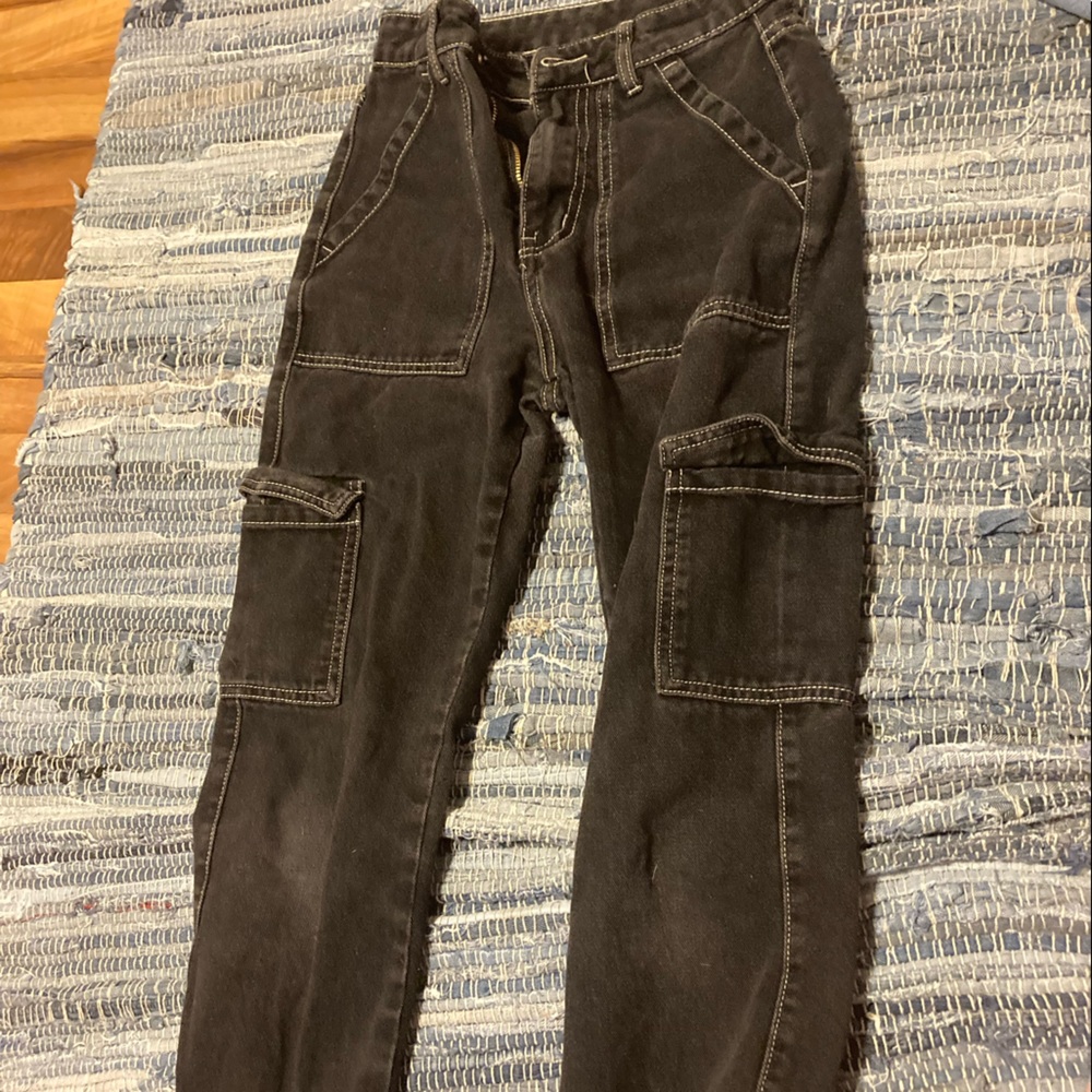 black baggy cargo pants white lined